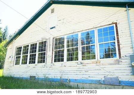 CRESTON, MONTANA, USA - May 3, 2017: New windows installed on an old schoolhouse undergoing renovations