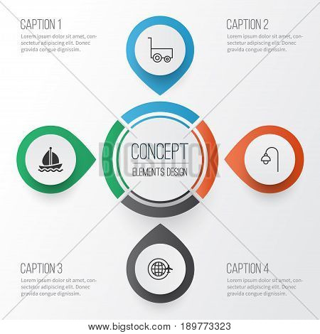Tourism Icons Set. Collection Of Freight Trolley, Lamppost, Sail Ship And Other Elements. Also Includes Symbols Such As Earth, Sail, Lamppost.