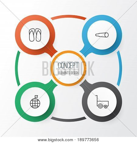 Travel Icons Set. Collection Of Freight Trolley, Magnifying Glasses, Slipper And Other Elements. Also Includes Symbols Such As Magnifying, World, Footwear.