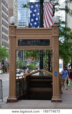 CHICAGO - MAY 29: Entrance to the Red Line in Chicago is shown on May 29 2016. The Chicago "L" system is the second-busiest rail mass transit system in the United States