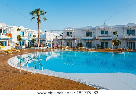 Corralejo, Fuerteventura, Spain, April 03, 2017: Swimming Pool Of The Hotel Complex Arena Hotel In C
