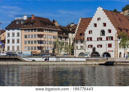Schaffhausen, Switzerland - 29 August, 2015: buildings along the Rhine river. Schaffhausen is a city in northern Switzerland and the capital of the Swiss canton of Schaffhausen.