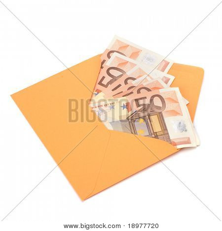 Corruptie concept. Vol met geld geïsoleerd op een witte envelop.