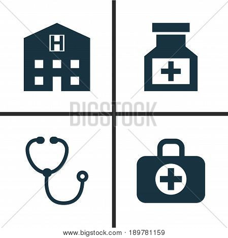 Drug Icons Set. Collection Of Device, Drug, Retreat And Other Elements. Also Includes Symbols Such As Aid, Pharmaceutical, Hospital.