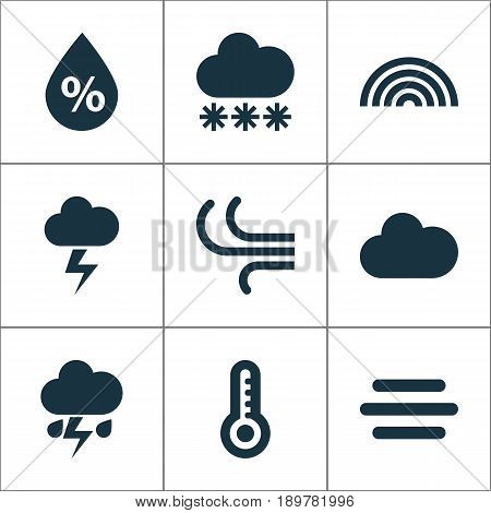 Air Icons Set. Collection Of Moisture, Temperature, Lightning And Other Elements. Also Includes Symbols Such As Wet, Lightning, Breeze.