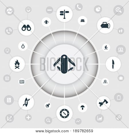 Vector Illustration Set Of Simple Mountaineering Icons. Elements Champignon, Field Glasses, Touristic Blade And Other Synonyms Tourist, Equipment And Hatcher.