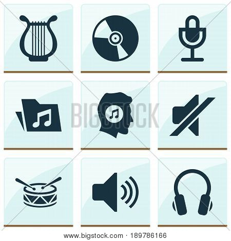 Audio Icons Set. Collection Of Meloman, Lyre, Sound And Other Elements. Also Includes Symbols Such As Lover, Mute, Lyre.