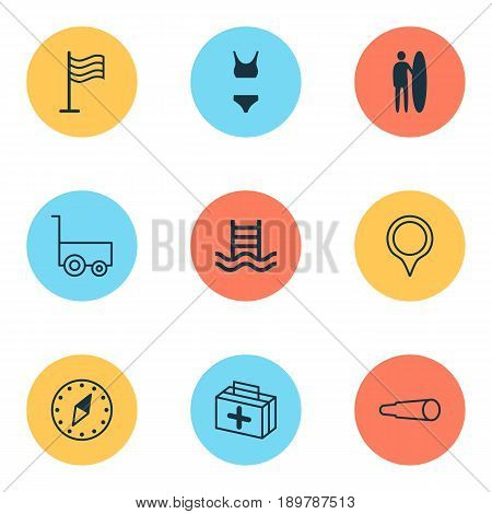 Travel Icons Set. Collection Of Freight Trolley, Basin Ladder, Cardinal Direction And Other Elements. Also Includes Symbols Such As First, Place, Medicine.