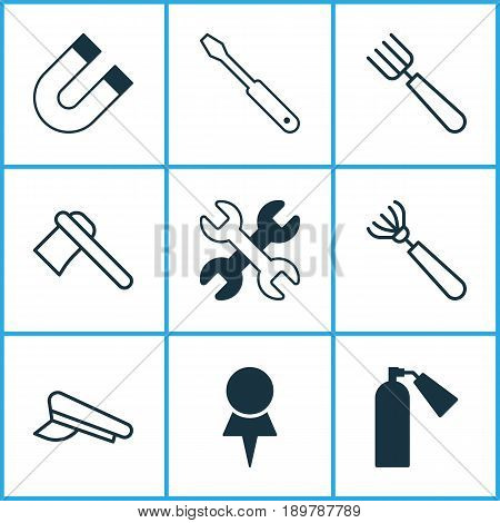 Tools Icons Set. Collection Of Garden Fork, Harrow, Firefighter And Other Elements. Also Includes Symbols Such As Rake, Harrow, Pitchfork.