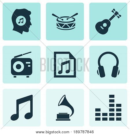 Multimedia Icons Set. Collection Of Instrument, Music, Barrel And Other Elements. Also Includes Symbols Such As Music, Equalizer, Headphone.