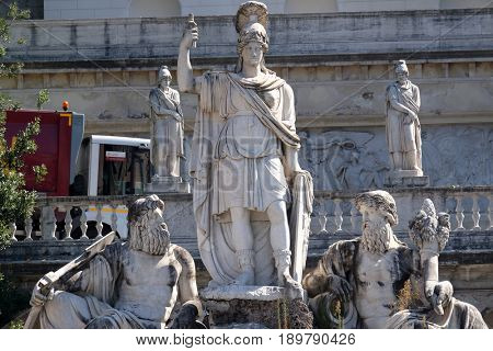 ROME, ITALY - SEPTEMBER 03: Pincio Terrace, goddess Roma between Tiber and Aniene, Piazza del Popolo in Rome, Italy on September 03, 2016.