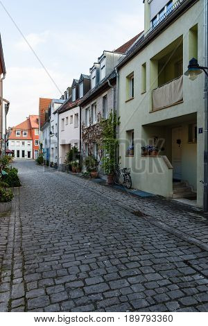 SCHWEINFURT GERMANY - APRIL 21 2017: Old streets in the historic part of the city. Schweinfurt - a medieval city founded in 761 year.