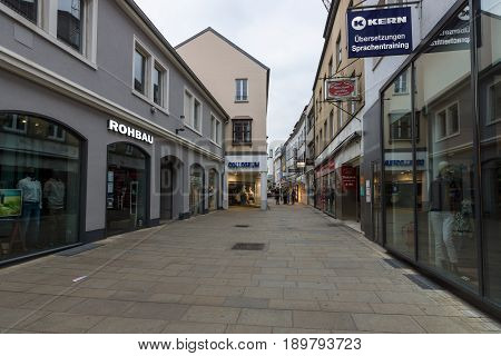 SCHWEINFURT GERMANY - APRIL 21 2017: Shopping street in the historical part of the city. Schweinfurt - a medieval city founded in 761 year.