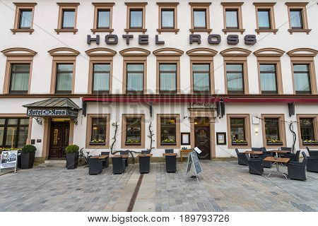 SCHWEINFURT GERMANY - APRIL 21 2017: Facade of Hotel Ross in the historical part of the city. Schweinfurt - a medieval city founded in 761 year.