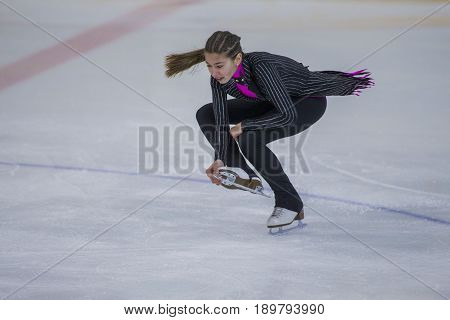Minsk Belarus -April 23 2017: Unidentified Female Figure Skater performs Chicks Ladies Free Skating Program at Minsk Arena Cup 2017 International Figure Skating Competition in April 23 2017 in Minsk Belarus