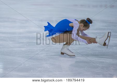 Minsk Belarus -April 23 2017: Unidentified Female Figure Skater performs Chicks Ladies Free Skating Program at Minsk Arena Cup 2017 International Figure Skating Competition in April 23 2017 in Minsk Belarus