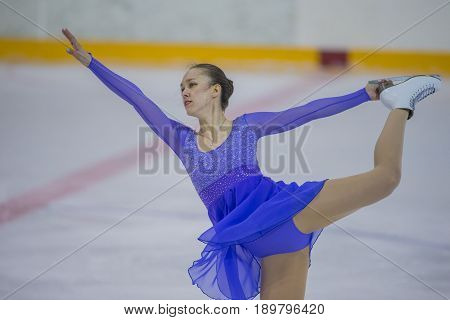 Minsk Belarus -April 23 2017: Unidentified Female Figure Skater Performs Adult Ladies Free Skating Program at Minsk Arena Cup 2017 International Figure Skating Competition in April 23 2017 in Minsk Belarus