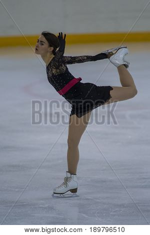 Minsk Belarus -April 23 2017: Unidentified Female Figure Skater Performs Adult Ladies Free Skating Program at Minsk Arena Cup 2017 International Figure Skating Competition in April 23 2017 in Minsk Belarus