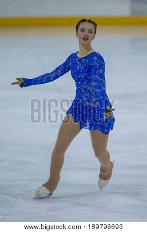Minsk Belarus -April 23 2017: Unidentified Female Figure Skater Performs Adult Ladies Free Skating Program at Minsk Arena Cup 2017 International Figure Skating Competition in April 23 2017 in Minsk Belarus