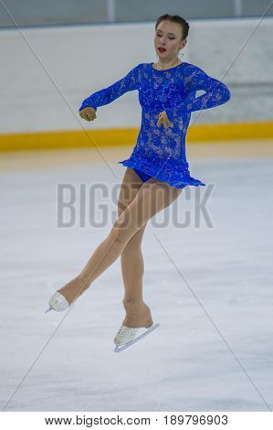 Minsk Belarus -April 23 2017: Unidentified Female Figure Skater Performs Adult Ladies Free Skating Program at Minsk Arena Cup 2017 International Figure Skating Competition in April 23 2017 in Minsk Belarus