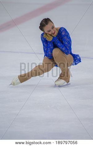 Minsk Belarus -April 23 2017: Unidentified Female Figure Skater Performs Adult Ladies Free Skating Program at Minsk Arena Cup 2017 International Figure Skating Competition in April 23 2017 in Minsk Belarus