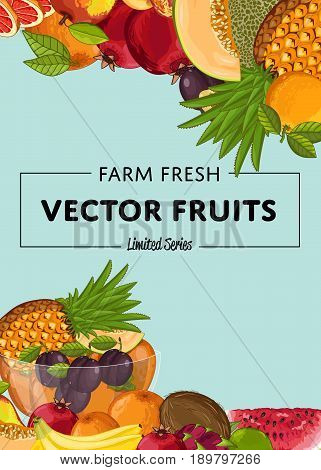 Fresh organic fruit poster vector illustration. Natural product, juicy fruit, healthy nutrition, organic farming, vegan food. Pineapple, melon, pomegranate, peach, coconut, apple, watermelon, plum