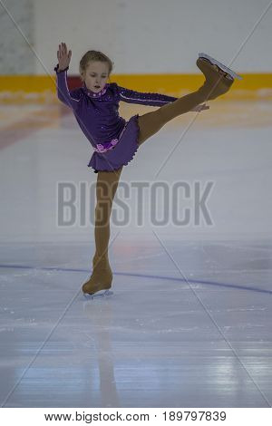 Minsk Belarus -April 23 2017: Unidentified Female Figure Skater performs Chicks Ladies Free Skating Program at Minsk Arena Cup 2017 International Figure Skating Competition in April 23 2017 in Minsk Belarus