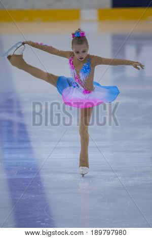 Minsk Belarus -April 23 2017: Unidentified Female Figure Skater performs Chicks Ladies Free Skating Program at Minsk Arena Cup 2017 International Figure Skating Competition in April 23 2017 in Minsk Belarus