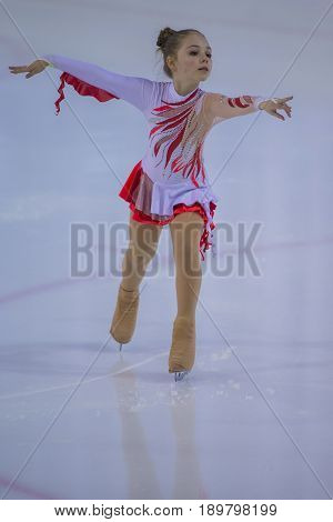 Minsk Belarus -April 23 2017: Unidentified Female Figure Skater performs Chicks Ladies Free Skating Program at Minsk Arena Cup 2017 International Figure Skating Competition in April 23 2017 in Minsk Belarus