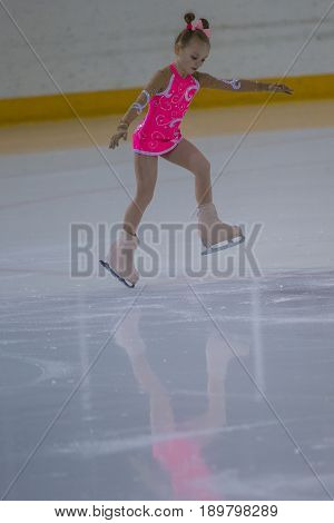 Minsk Belarus -April 23 2017: Unidentified Female Figure Skater performs Chicks Ladies Free Skating Program at Minsk Arena Cup 2017 International Figure Skating Competition in April 23 2017 in Minsk Belarus