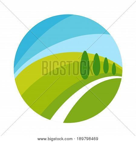 Cartoon flat simple minimalistic countryside landscape with wide gradient green field, cone trees along long narrow path and clean blue sky in circle isolated vector illustration on white background.
