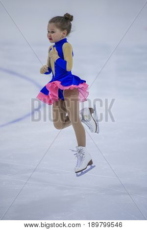 Minsk Belarus -April 23 2017: Unidentified Female Figure Skater performs Chicks Ladies Free Skating Program at Minsk Arena Cup 2017 International Figure Skating Competition in April 23 2017 in Minsk Belarus