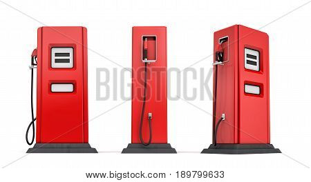 3d rendering of three red gas pumps in front, side and half side views isolated on white background. Fuel dispenser. Fill full tank. Road trip.
