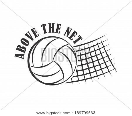 Volleyball badge, creative label above the net for players competing in sport game, athletes and coaches motto, t-shirt badge for fan zone or volunteers, vector illustration