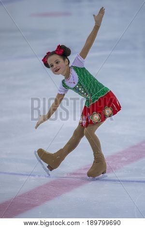 Minsk Belarus -April 23 2017: Unidentified Female Figure Skater performs Chicks Ladies Free Skating Program at Minsk Arena Cup 2017 International Figure Skating Competition in April 23 2017 in Minsk Belarus