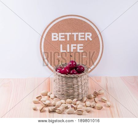 Cherries and pistachio with inspiration words and white background.