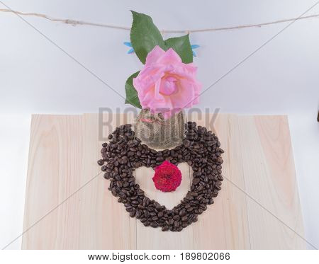 Heart of coffee beans and pink rose starfish and white background.
