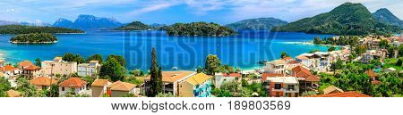 Panoramic view of Nidri bay, beautiful Lefkada island. Greece