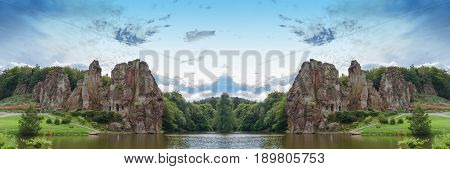 The Externsteine striking sandstone rock formation in the Teutoburg Forest Germany North Rhine Westphalia