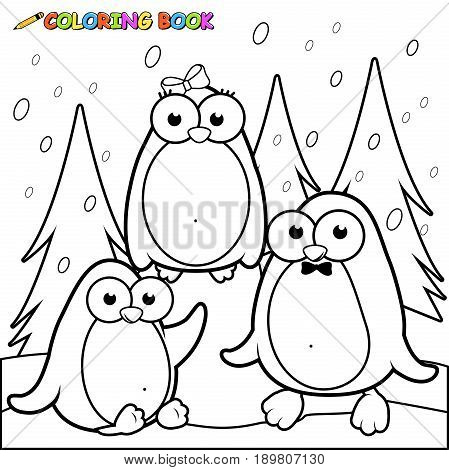 Vector black and white outline illustration of a beautiful snowy landscape with happy penguins on ice. Coloring book page.