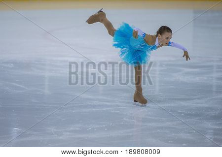 Minsk Belarus -April 23 2017: Unidentified Female Figure Skater performs Chicks Ladies Free Skating Program at Minsk Arena Cup 2017 International Figure Skating Competition in April 23 2017 in Minsk Belarus
