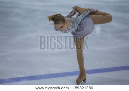 Minsk Belarus -April 23 2017: Unidentified Female Figure Skater Performs Adult Ladies Free Skating Program at Minsk Arena Cup 2017 International Figure Skating Competition in April 23 2017 in Minsk Belarus