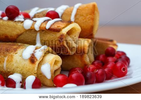Traditional sweet rolled pancakes with poppy seeds covering sour cream with cranberries on the plate
