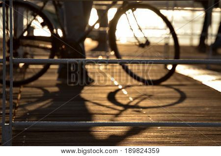 Bicycle backlight silhouette on Genoa dock Italy