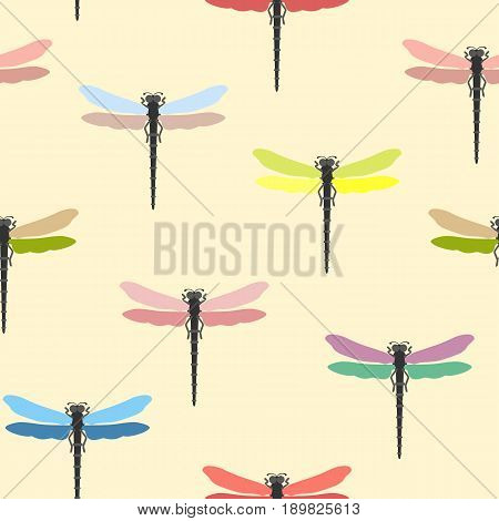 Vector pattern with a picture of dragonflies with colorful wings on a beige background.