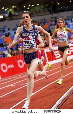 BELGRADE SERBIA - MARCH 3-5 2017: WOMAN 1500M TERZIC AMELA EUROPEAN ATHLETICS INDOOR CHAMPIONSHIPS IN BELGRADE SERBIA
