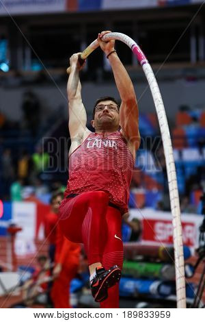 BELGRADE SERBIA - MARCH 3-5 2017: POLE VAULT ARENTS MAREKS EUROPEAN ATHLETICS INDOOR CHAMPIONSHIPS IN BELGRADE SERBIA