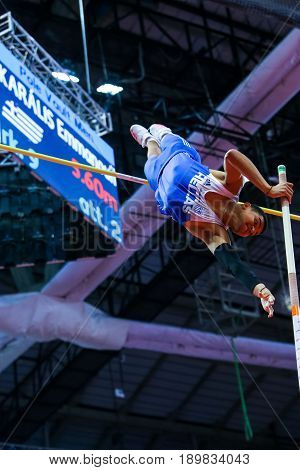 BELGRADE SERBIA - MARCH 3-5 2017: POLE VAULT KARALIS EMMANOUIL EUROPEAN ATHLETICS INDOOR CHAMPIONSHIPS IN BELGRADE SERBIA