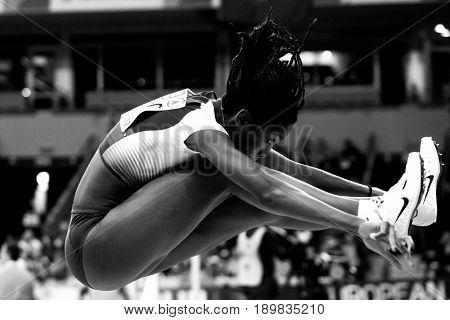 BELGRADE SERBIA - MARCH 3-5 2017: WOMAN LONG JUMP MARYSE LUZOLO EUROPEAN ATHLETICS INDOOR CHAMPIONSHIPS IN BELGRADE SERBIA