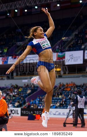 BELGRADE SERBIA - MARCH 3-5 2017: WOMAN LONG JUMP JAZMIN SAWYERS EUROPEAN ATHLETICS INDOOR CHAMPIONSHIPS IN BELGRADE SERBIA